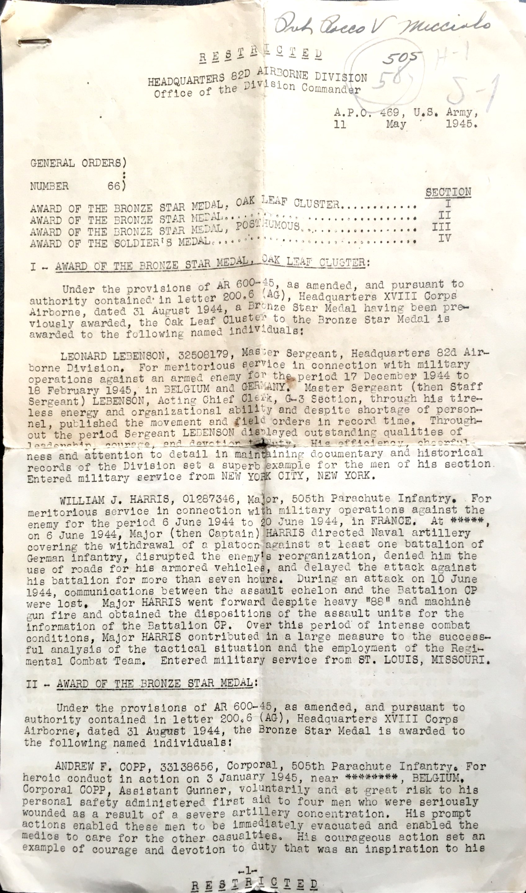 General Orders #66 May 1945 page 1